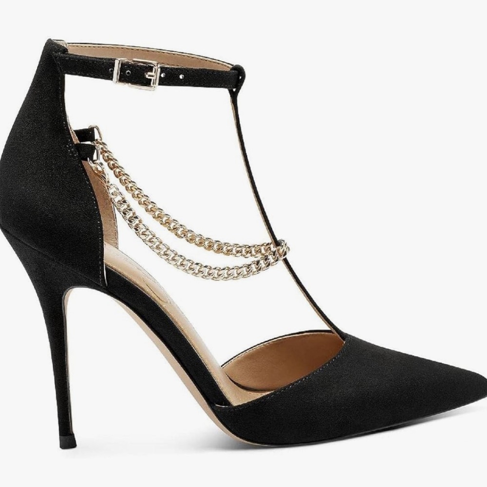 Black pointed toe JESSICA SIMPSON Wintelle Chain Buckle T-Strap Suede Pumps 8M